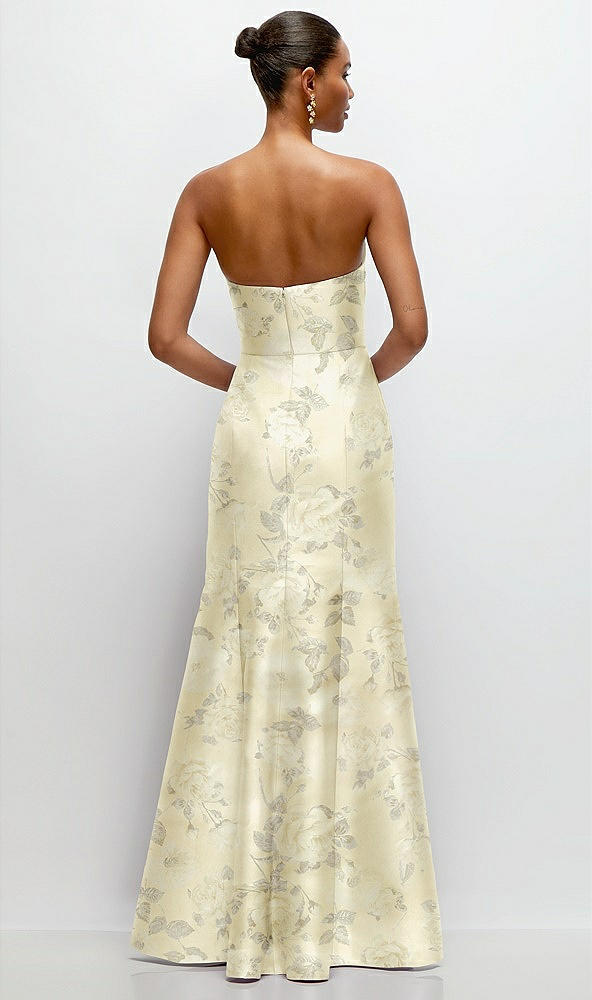 Back View - Butter Yellow Floral Strapless Cat-Eye Draped Bodice Floral Satin Tumpet Dress