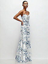 Side View Thumbnail - Cottage Rose Larkspur Strapless Cat-Eye Draped Bodice Floral Satin Tumpet Dress