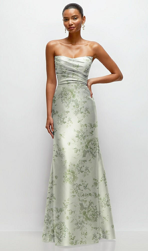 Front View - Sage Cottage Rose Strapless Cat-Eye Draped Bodice Floral Satin Tumpet Dress