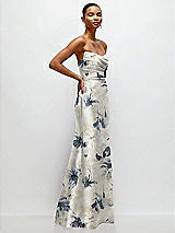 Side View Thumbnail - Inkwash Blue Floral Strapless Cat-Eye Draped Bodice Floral Satin Tumpet Dress