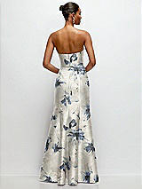 Rear View Thumbnail - Inkwash Blue Floral Strapless Cat-Eye Draped Bodice Floral Satin Tumpet Dress