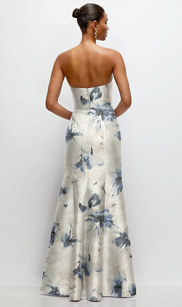 Back View - Inkwash Blue Floral Strapless Cat-Eye Draped Bodice Floral Satin Tumpet Dress