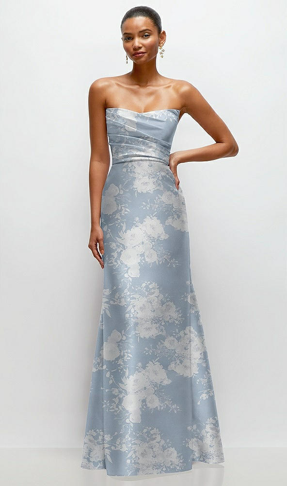 Front View - Porcelain Blue Seraphina Floral Strapless Cat-Eye Draped Bodice Floral Satin Tumpet Dress