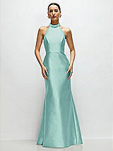 Front View Thumbnail - Coastal High-Neck Halter Open-Back Satin Trumpet Dress 