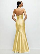 Rear View Thumbnail - Maize High-Neck Halter Open-Back Satin Trumpet Dress 