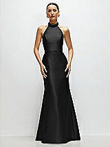 Front View Thumbnail - Black High-Neck Halter Open-Back Satin Trumpet Dress 