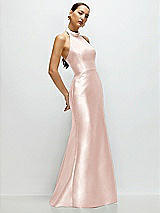 Side View Thumbnail - Blush High-Neck Halter Open-Back Satin Trumpet Dress 