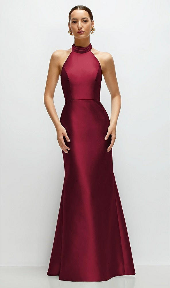 Front View - Burgundy High-Neck Halter Open-Back Satin Trumpet Dress 