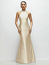 Front View Thumbnail - Champagne High-Neck Halter Open-Back Satin Trumpet Dress 