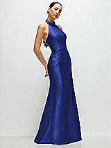 Side View Thumbnail - Cobalt Blue High-Neck Halter Open-Back Satin Trumpet Dress 