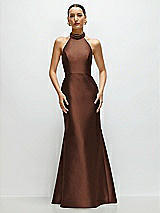 Front View Thumbnail - Cognac High-Neck Halter Open-Back Satin Trumpet Dress 