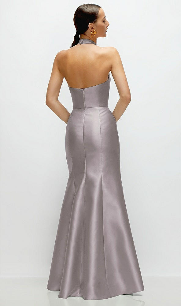 Back View - Cashmere Gray High-Neck Halter Open-Back Satin Trumpet Dress 