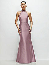 Front View Thumbnail - Dusty Rose High-Neck Halter Open-Back Satin Trumpet Dress 