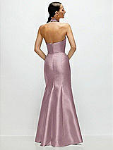 Rear View Thumbnail - Dusty Rose High-Neck Halter Open-Back Satin Trumpet Dress 