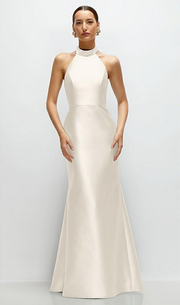 Front View - Ivory High-Neck Halter Open-Back Satin Trumpet Dress 