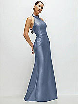 Side View Thumbnail - Larkspur Blue High-Neck Halter Open-Back Satin Trumpet Dress 