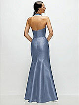 Rear View Thumbnail - Larkspur Blue High-Neck Halter Open-Back Satin Trumpet Dress 