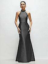 Front View Thumbnail - Pewter High-Neck Halter Open-Back Satin Trumpet Dress 