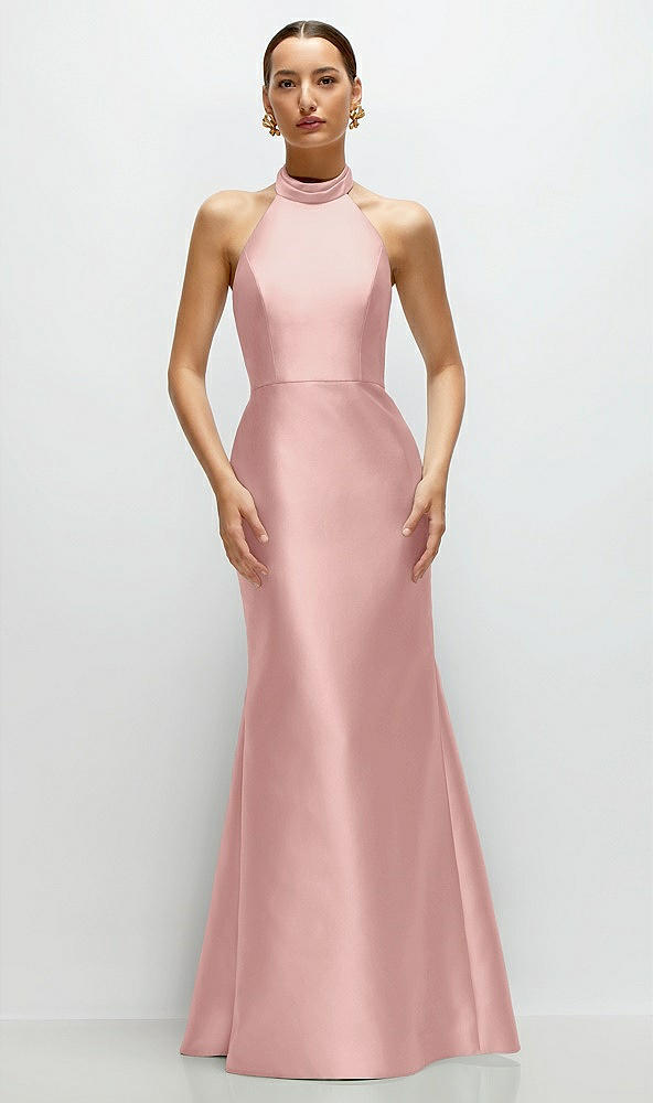 Front View - Rose - PANTONE Rose Quartz High-Neck Halter Open-Back Satin Trumpet Dress 