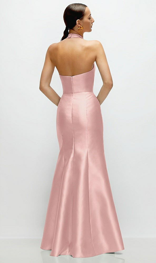 Back View - Rose - PANTONE Rose Quartz High-Neck Halter Open-Back Satin Trumpet Dress 