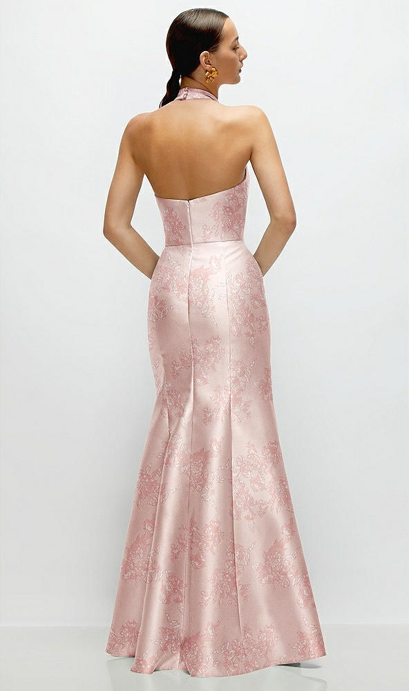 Back View - Bow And Blossom Print High-Neck Halter Open-Back Floral Satin Trumpet Dress 