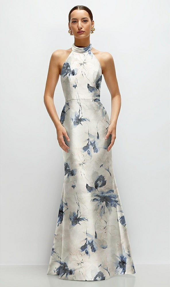 Front View - Inkwash Blue Floral High-Neck Halter Open-Back Floral Satin Trumpet Dress