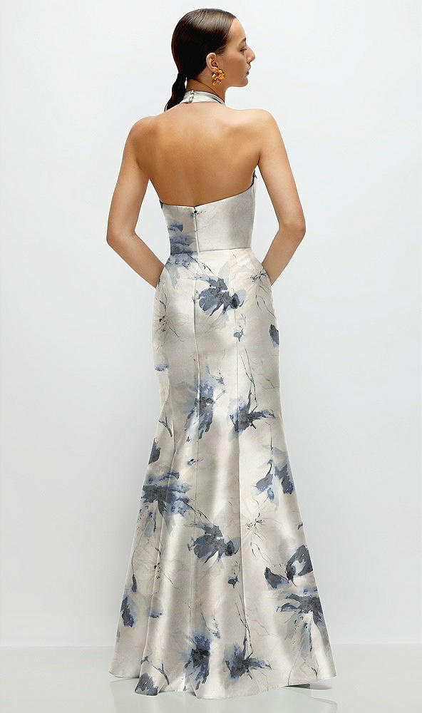 Back View - Inkwash Blue Floral High-Neck Halter Open-Back Floral Satin Trumpet Dress