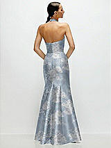 Rear View Thumbnail - Porcelain Blue Seraphina Floral High-Neck Halter Open-Back Floral Satin Trumpet Dress 