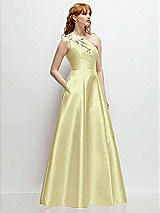 Side View Thumbnail - Butter Yellow One-Shoulder Full A-Line Satin Gown with Handworked Floral Appliqué