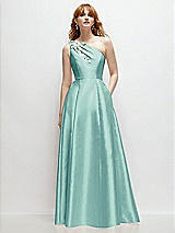 Front View Thumbnail - Coastal One-Shoulder Full A-Line Satin Gown with Handworked Floral Appliqué