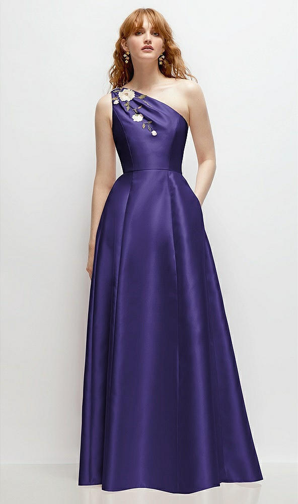 Front View - Grape One-Shoulder Full A-Line Satin Gown with Handworked Floral Appliqué