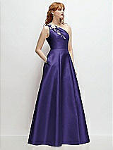 Side View Thumbnail - Grape One-Shoulder Full A-Line Satin Gown with Handworked Floral Appliqué