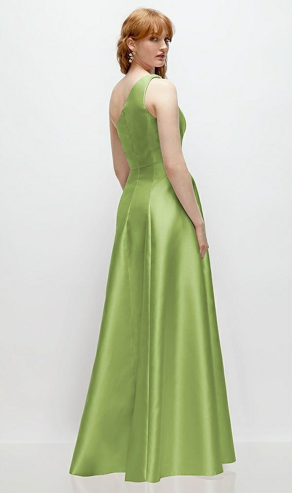 Back View - Mojito One-Shoulder Full A-Line Satin Gown with Handworked Floral Appliqué