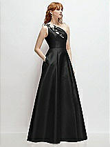 Side View Thumbnail - Black One-Shoulder Full A-Line Satin Gown with Handworked Floral Appliqué