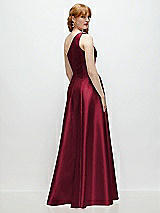 Rear View Thumbnail - Burgundy One-Shoulder Full A-Line Satin Gown with Handworked Floral Appliqué