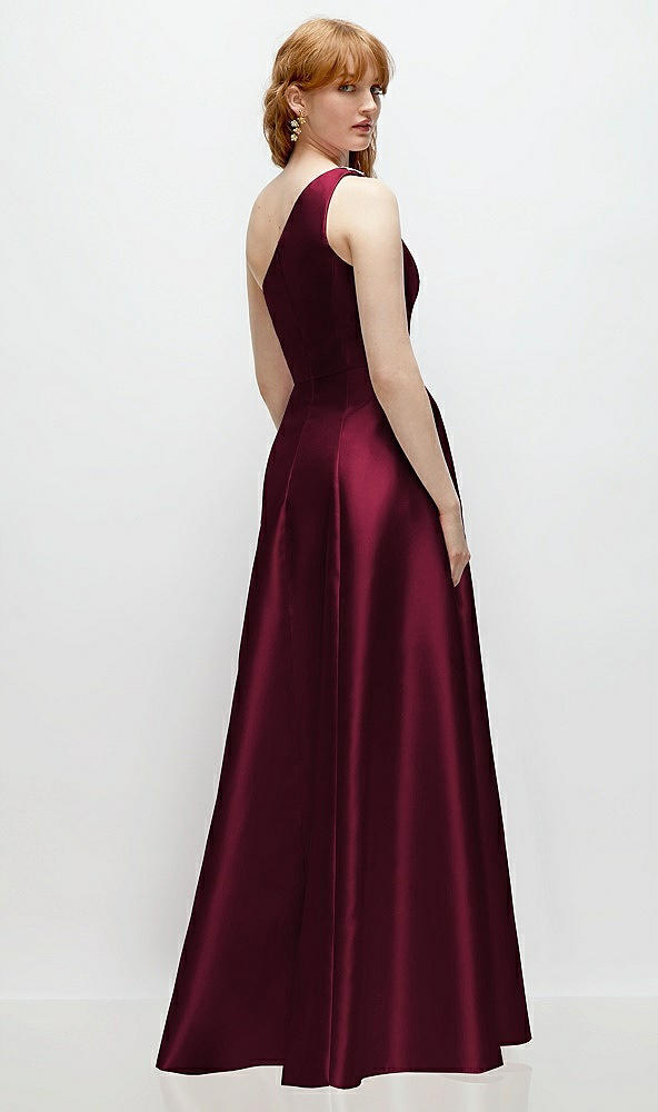 Back View - Cabernet One-Shoulder Full A-Line Satin Gown with Handworked Floral Appliqué