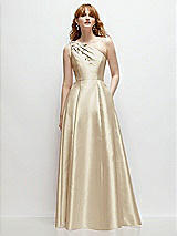 Front View Thumbnail - Champagne One-Shoulder Full A-Line Satin Gown with Handworked Floral Appliqué