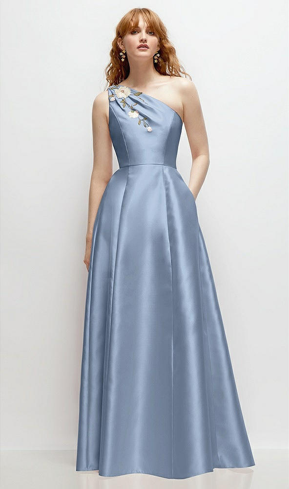 Front View - Cloudy One-Shoulder Full A-Line Satin Gown with Handworked Floral Appliqué