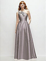 Front View Thumbnail - Cashmere Gray One-Shoulder Full A-Line Satin Gown with Handworked Floral Appliqué