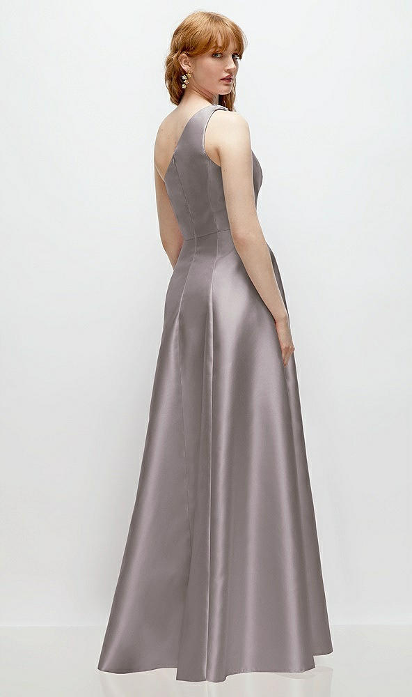 Back View - Cashmere Gray One-Shoulder Full A-Line Satin Gown with Handworked Floral Appliqué