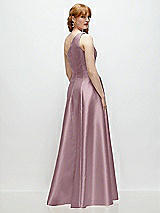 Rear View Thumbnail - Dusty Rose One-Shoulder Full A-Line Satin Gown with Handworked Floral Appliqué