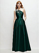 Front View Thumbnail - Evergreen One-Shoulder Full A-Line Satin Gown with Handworked Floral Appliqué