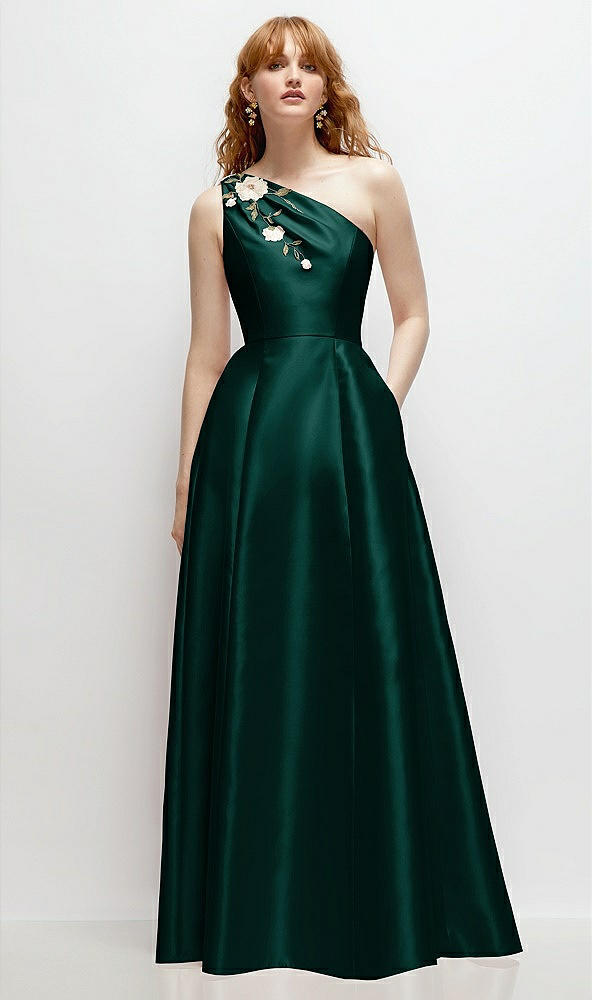 Front View - Evergreen One-Shoulder Full A-Line Satin Gown with Handworked Floral Appliqué