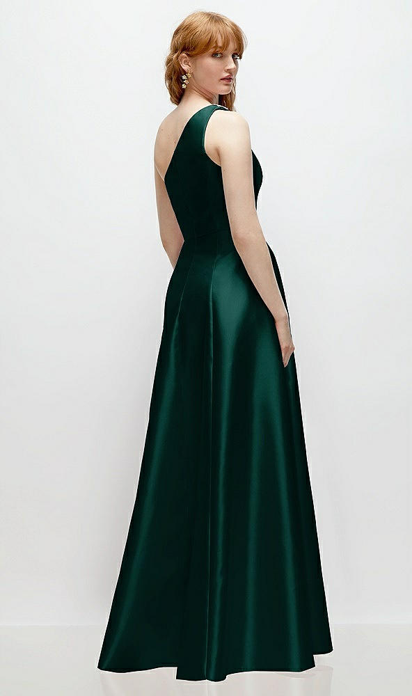 Back View - Evergreen One-Shoulder Full A-Line Satin Gown with Handworked Floral Appliqué