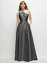 Front View Thumbnail - Gunmetal One-Shoulder Full A-Line Satin Gown with Handworked Floral Appliqué