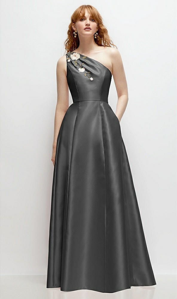 Front View - Gunmetal One-Shoulder Full A-Line Satin Gown with Handworked Floral Appliqué