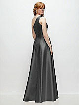 Rear View Thumbnail - Gunmetal One-Shoulder Full A-Line Satin Gown with Handworked Floral Appliqué