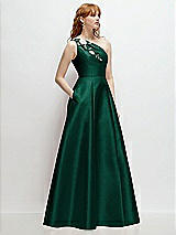 Side View Thumbnail - Hunter Green One-Shoulder Full A-Line Satin Gown with Handworked Floral Appliqué