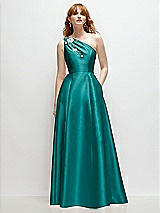 Front View Thumbnail - Jade One-Shoulder Full A-Line Satin Gown with Handworked Floral Appliqué