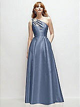 Front View Thumbnail - Larkspur Blue One-Shoulder Full A-Line Satin Gown with Handworked Floral Appliqué